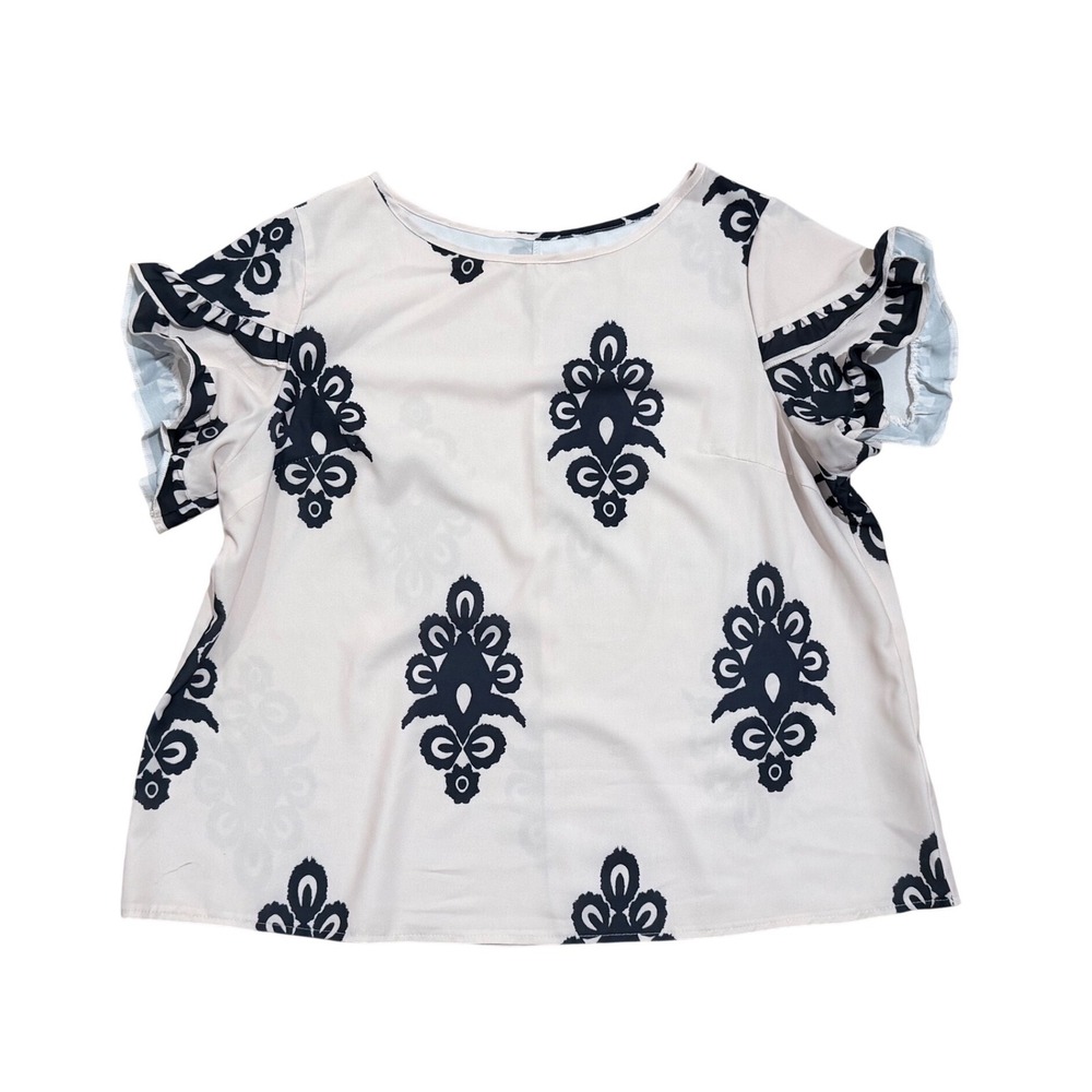 Shein Curve Plus 1X Cream Black Damask Medallion Flutter Sleeve Blouse Top Shirt